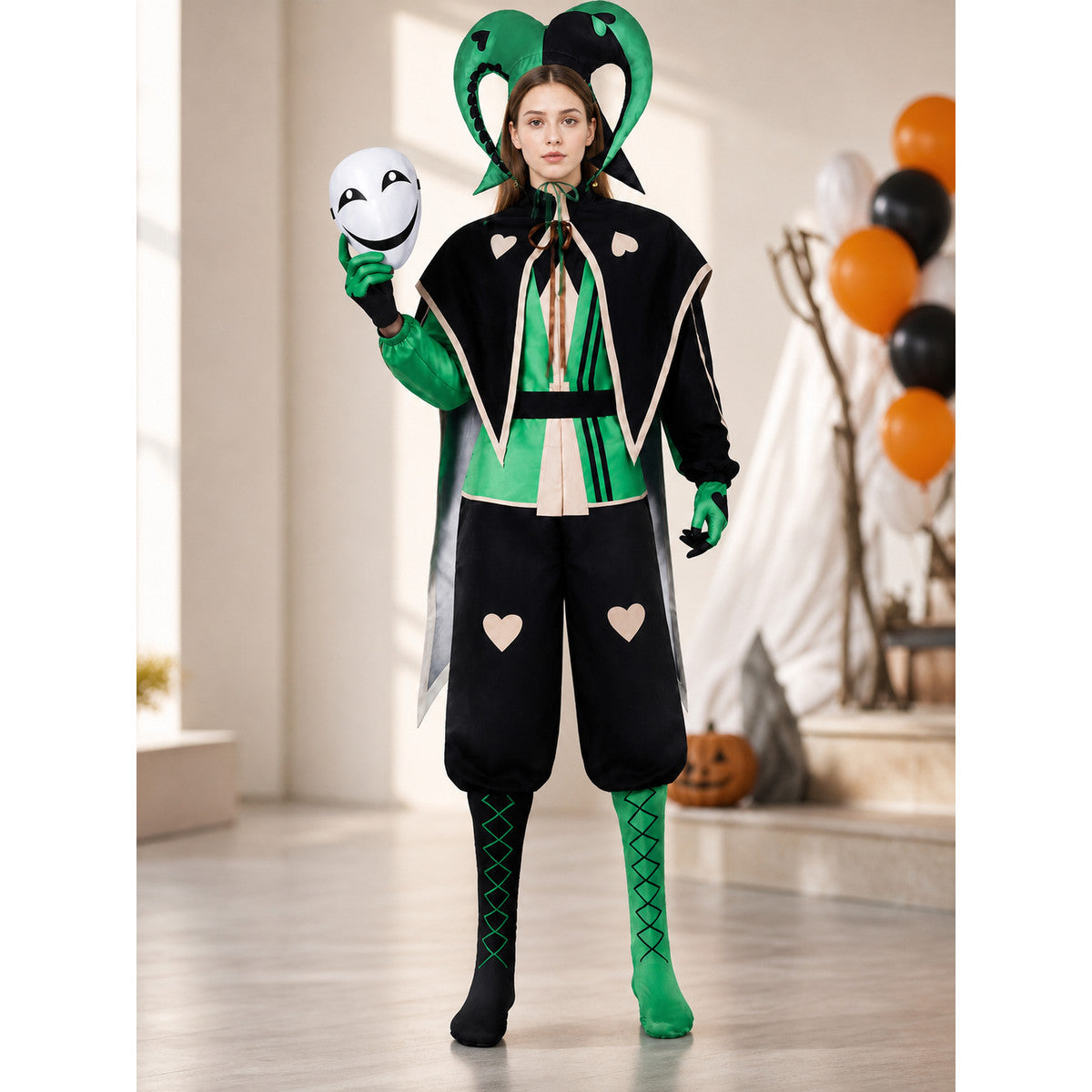 Theatrical jester-clown costume in a black-and-green style for cosplay. The set lifestyle view