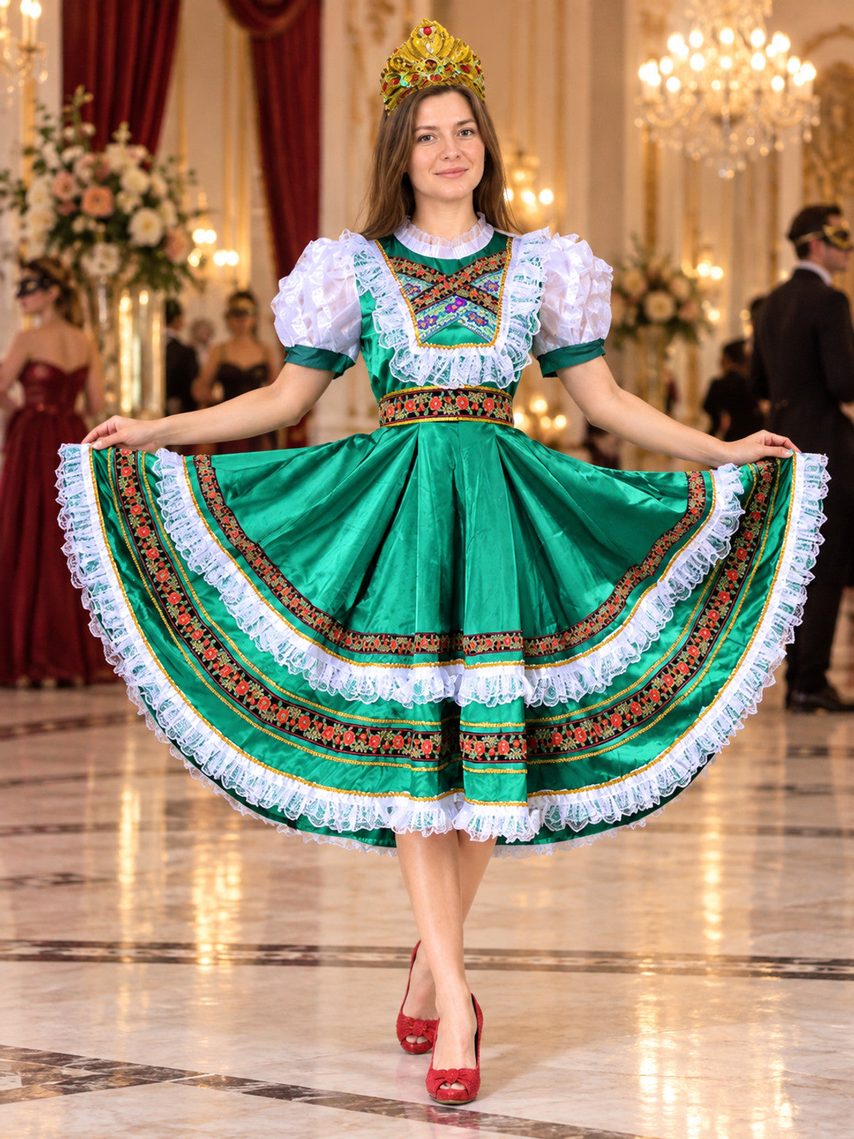 Russian Folk Dance Costume, Green, with Lace