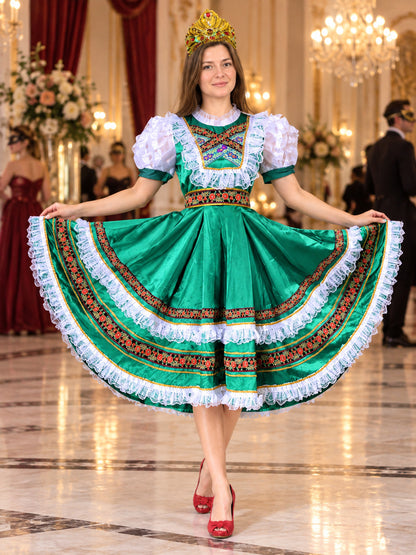 Russian Folk Dance Costume, Green, with Lace