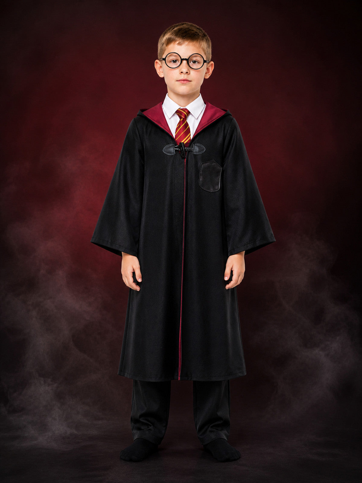 Children's Wizard Costume Set With Hooded Robe, Tie, Glasses, Shirt And Pants main product view