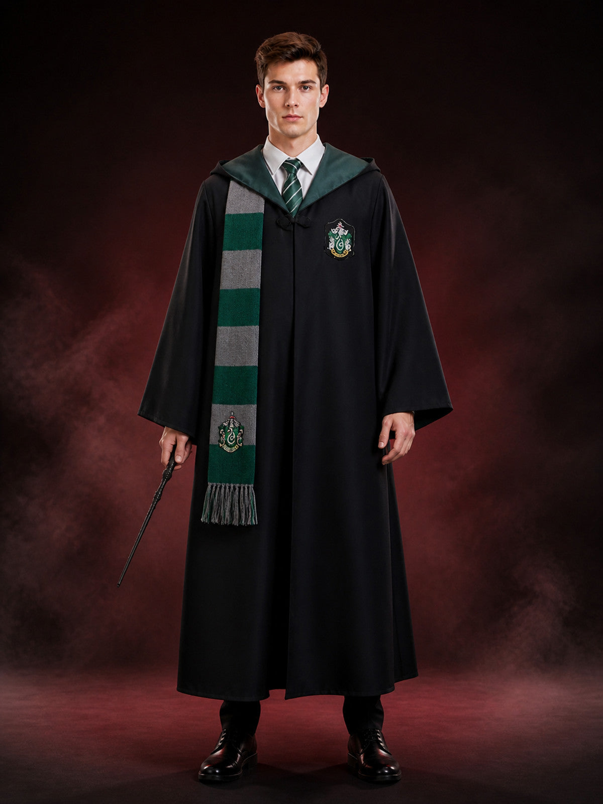 Slytherin Wizard Robe Costume Set with Scarf and Tie, Green Hooded Cloak main product view