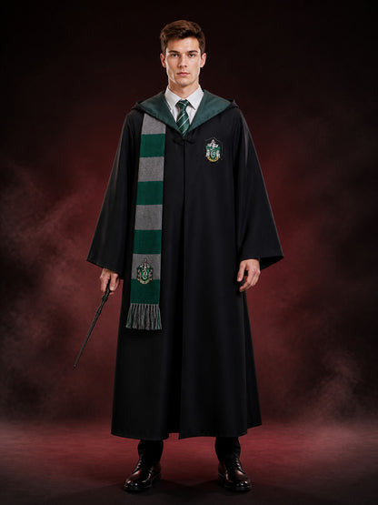 Slytherin Wizard Robe Costume Set with Scarf and Tie, Green Hooded Cloak main product view