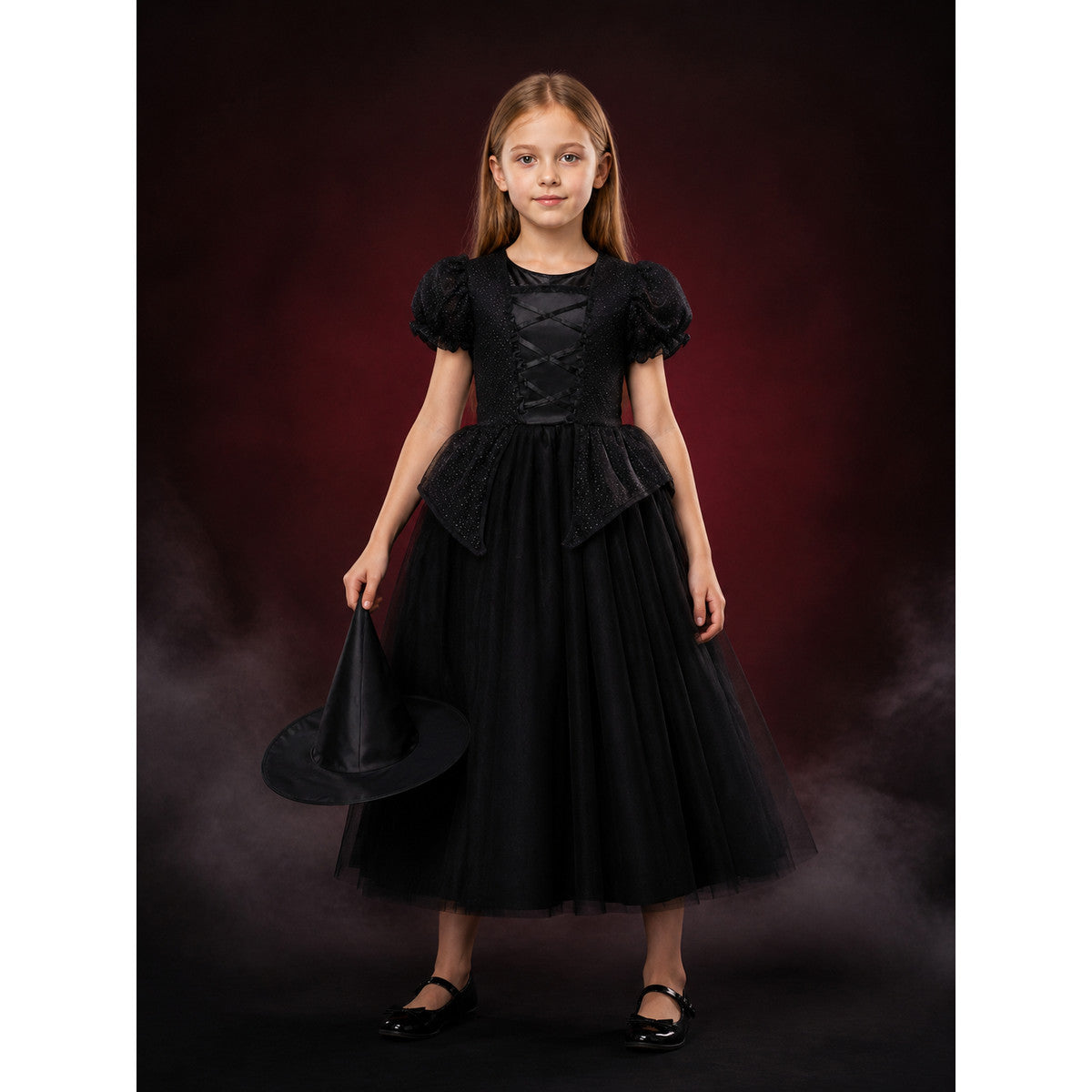Kids' Witch Costume Dress Set with Hat, Black Puff-Sleeve Halloween Outfit main product view