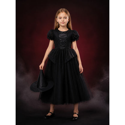 Kids' Witch Costume Dress Set with Hat, Black Puff-Sleeve Halloween Outfit main product view