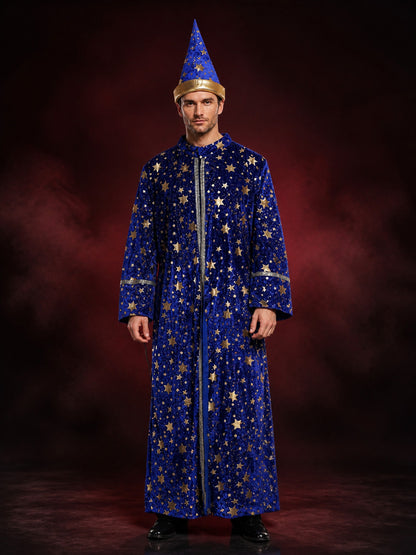 Blue Wizard Robe and Hat Costume Set with Gold Star Moon Print and Silver Trim