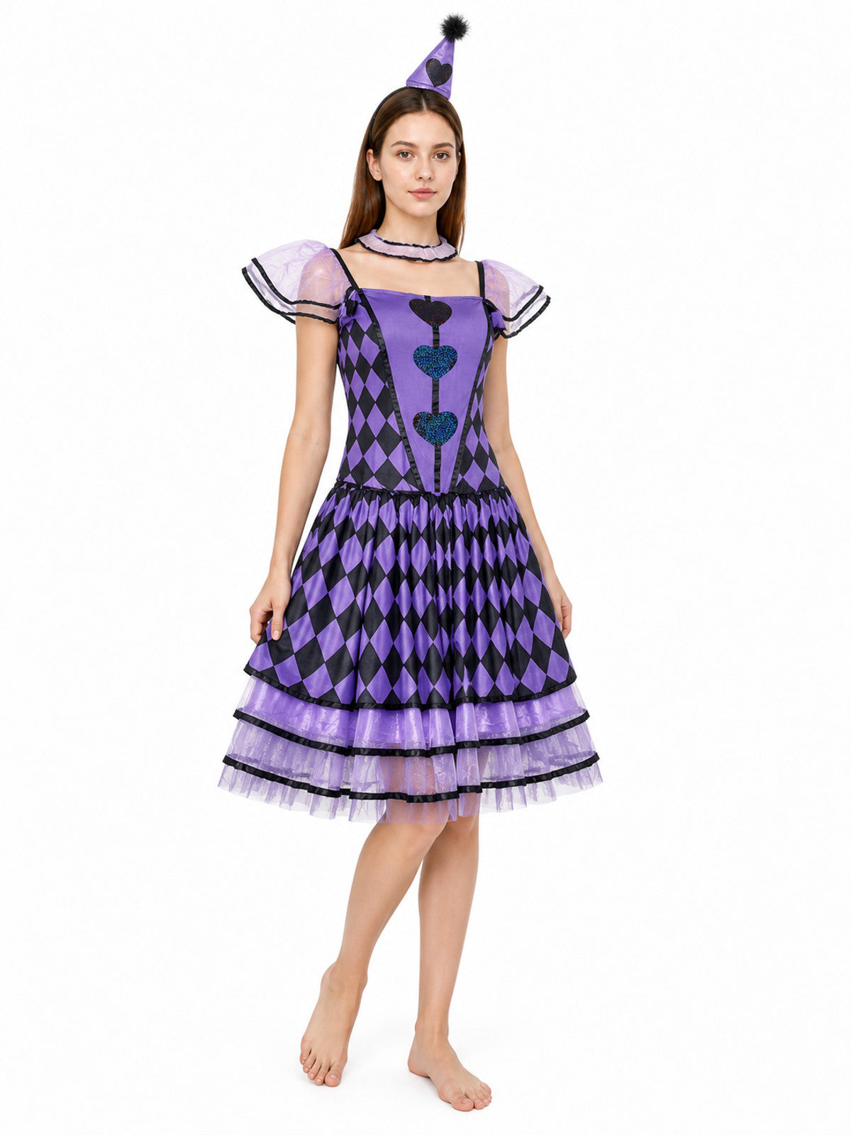Clown Costume with Dress and Headband, Purple and Black