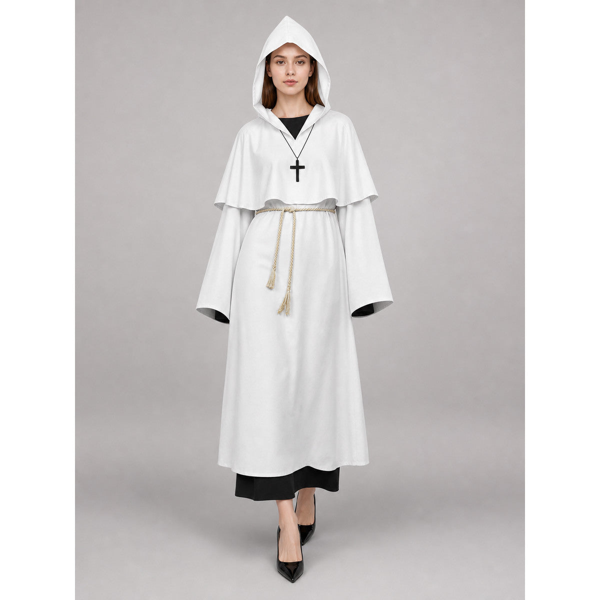 White hooded monk robe with pointed hood, wide sleeves, rope belt and cross pendant, front view