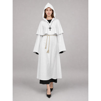 White hooded monk robe with pointed hood, wide sleeves, rope belt and cross pendant, front view