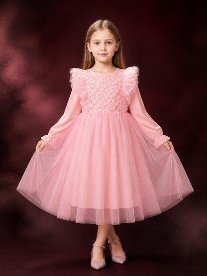 Infant Girls' Pink Princess Dress, Long Sleeve Lace Tulle Floral Embroidered main product view