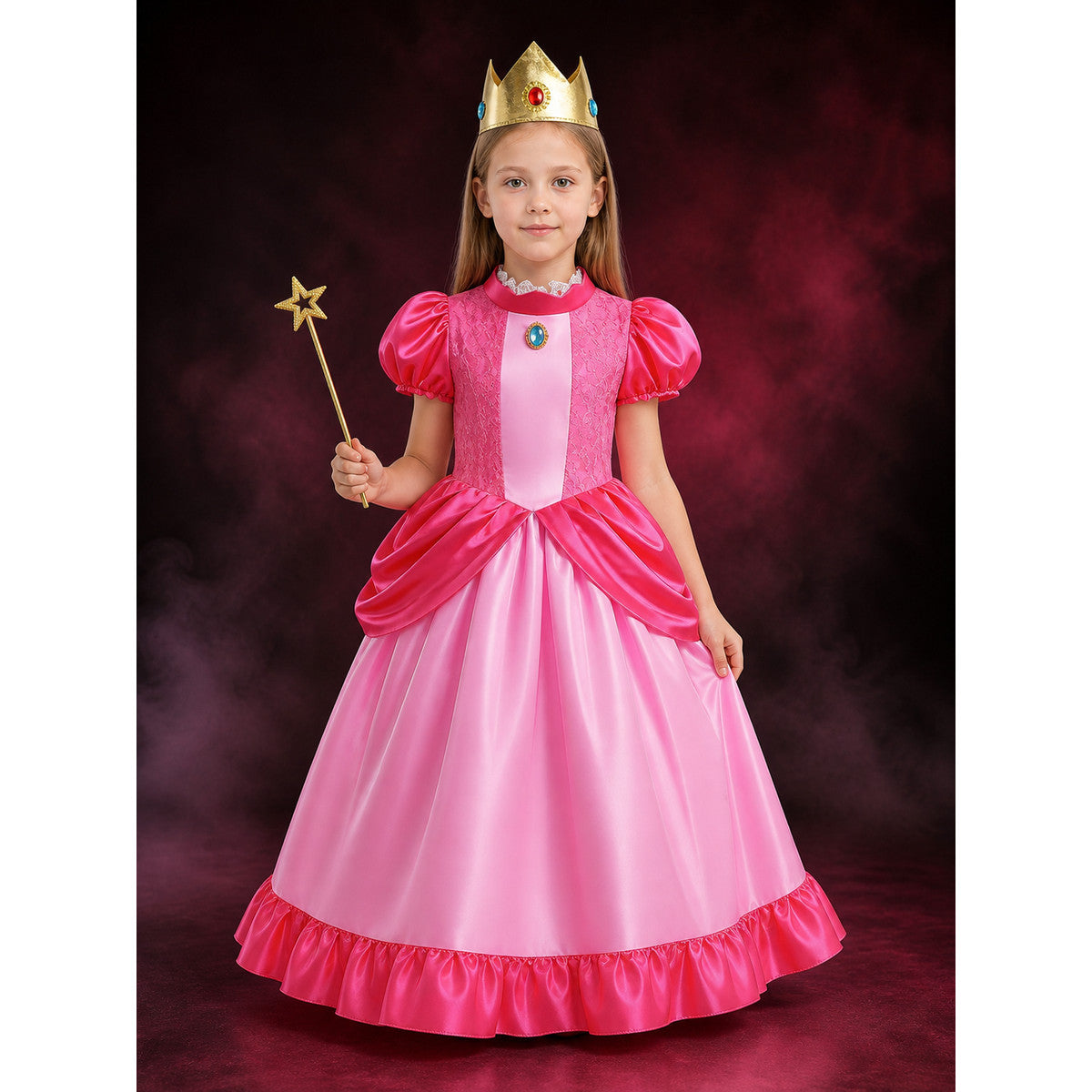 Girls Pink Princess Ball Gown with Crown and Wand, Ruffle Lace Halloween Costume main product view