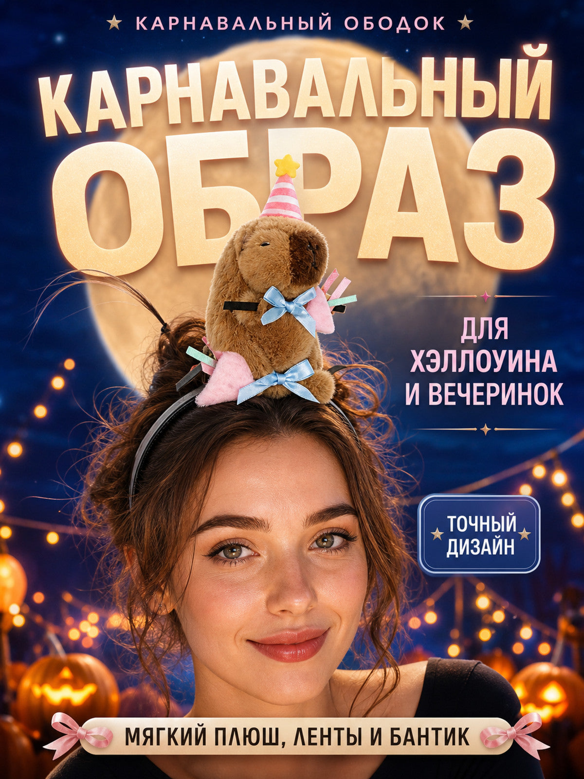 Information card featuring a close-up of the brown plush animal headband, with Russian text about carnival use, parties, design, ribbons, and a bow