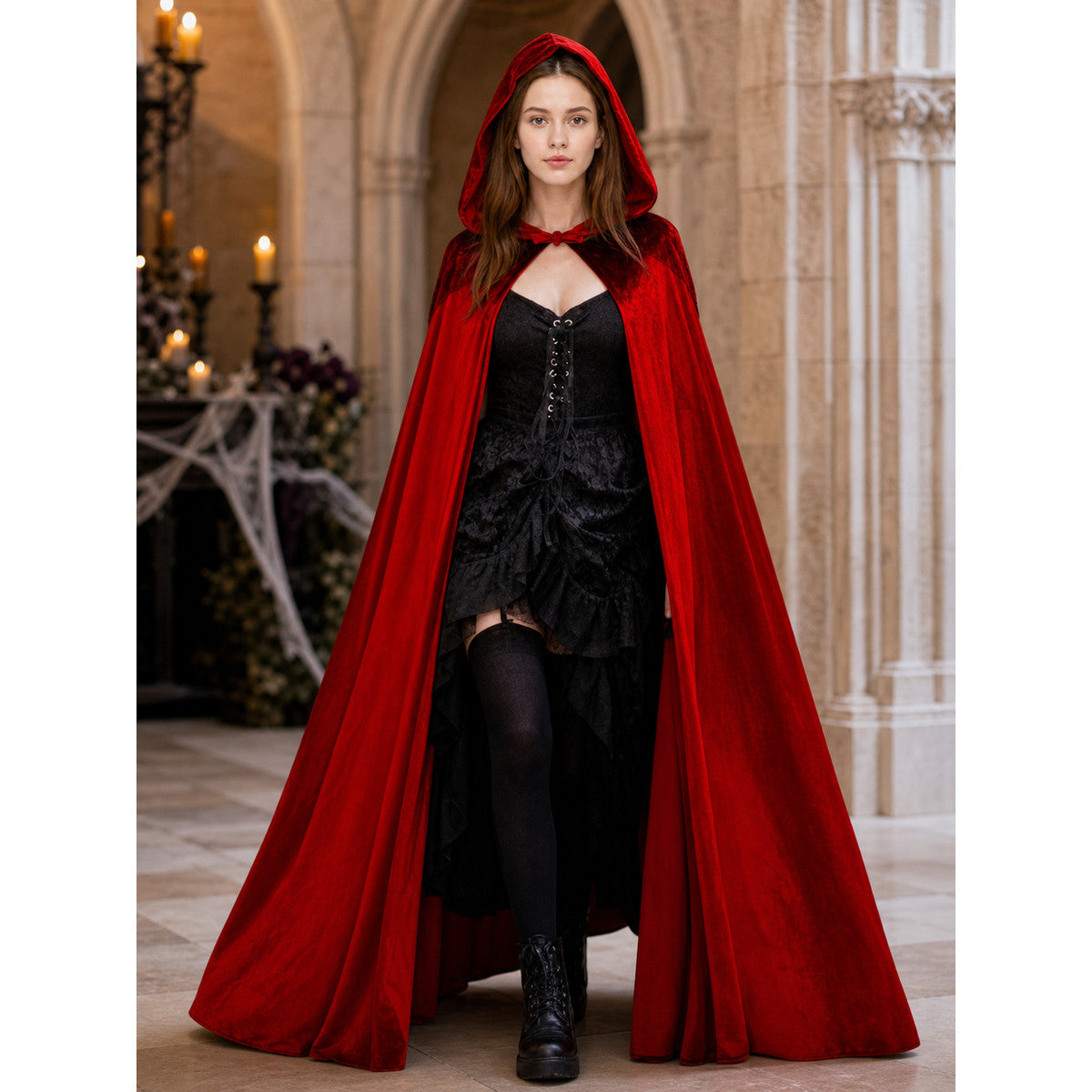 Red velvet hooded cosplay cloak product view 32