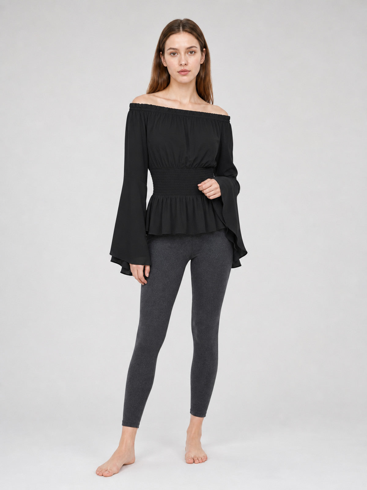 Black Off-the-Shoulder Blouse with Flared Sleeves