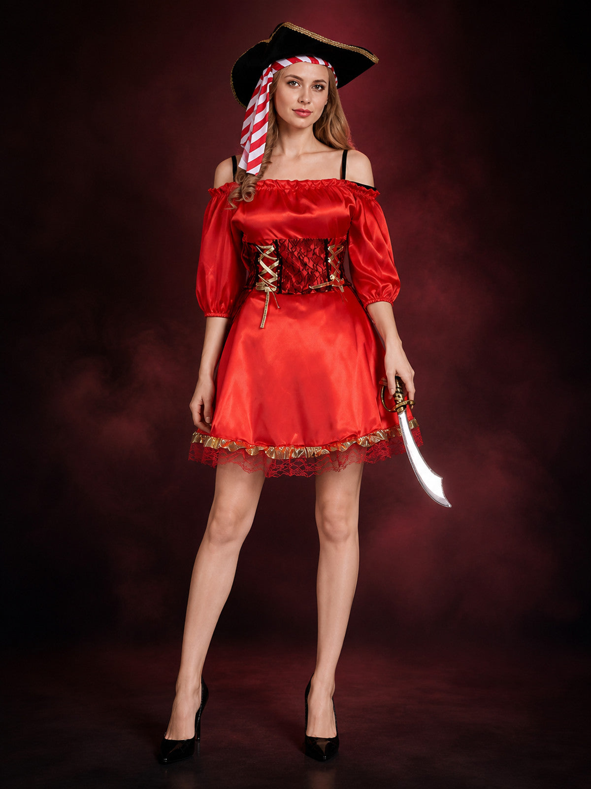 Women's Pirate Captain Halloween Costume Set, Red Off-Shoulder Dress With Hat