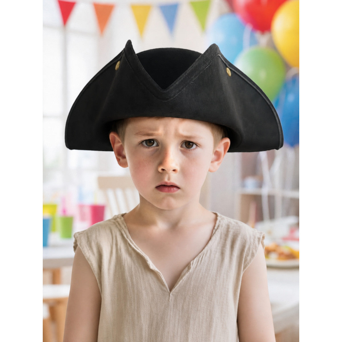 Black tricorn pirate hat with pointed sides and gold-colored accents, shown on a child in a colorful party setting 2