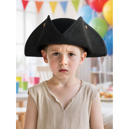 Black tricorn pirate hat with pointed sides and gold-colored accents, shown on a child in a colorful party setting 2