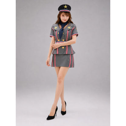 The set is designed in the style of a professional uniform and includes a short-sleeved top with a notched collar paired with a matching skirt. The design features gray, dark blue, red, gold, and black colors. The front of the top has red, 