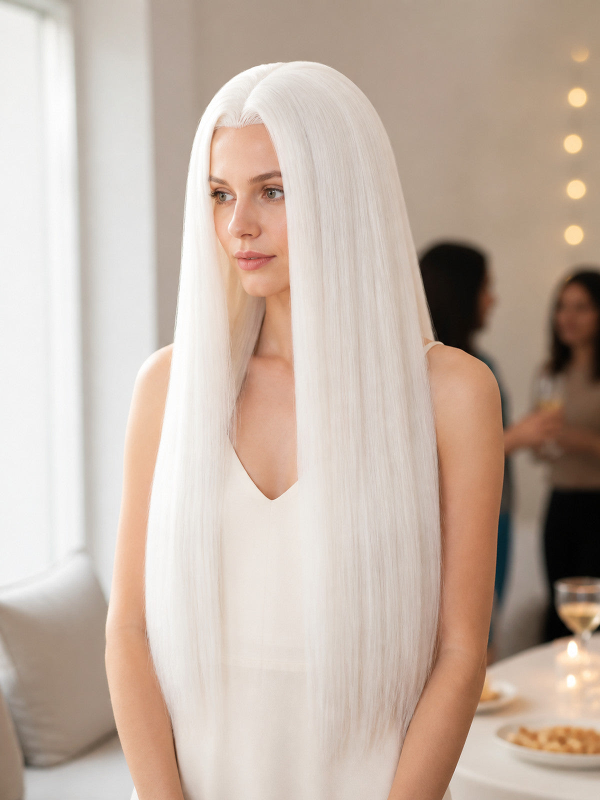 Long Straight White Party Wig with Center Part lifestyle view