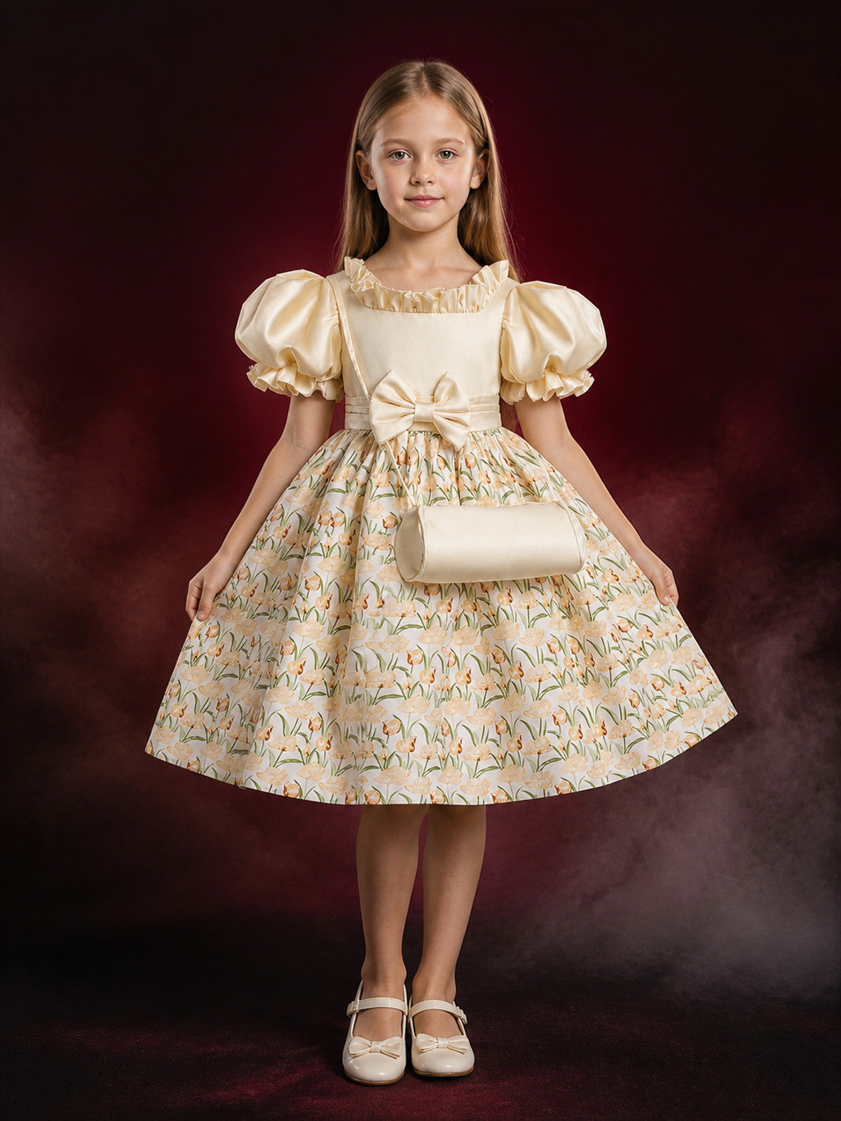 Girls' Floral Print Princess Dress With Puff Sleeves And Bow main product view
