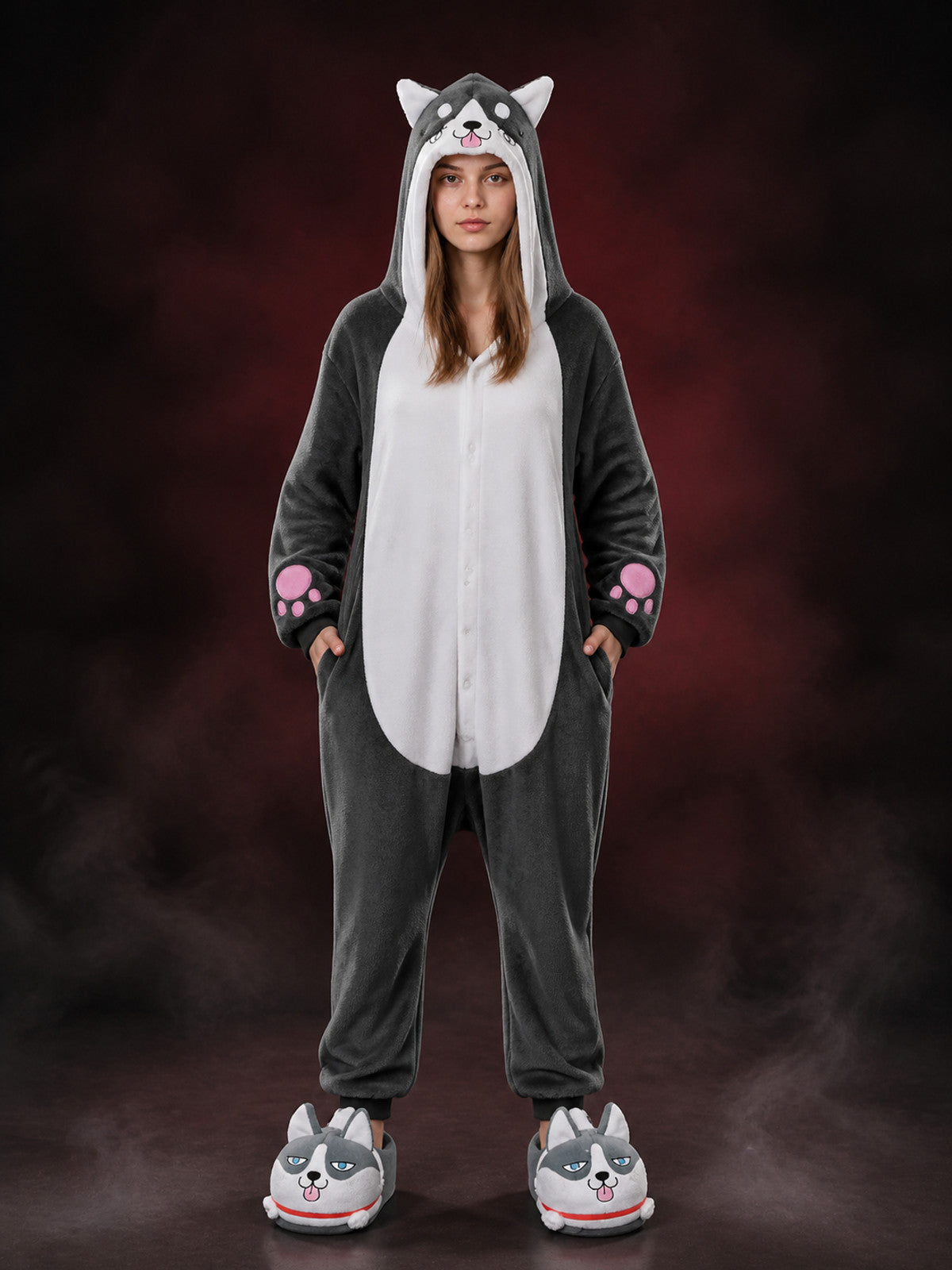 Husky Animal Hooded Jumpsuit Costume, Gray and White with Pink Paw Prints