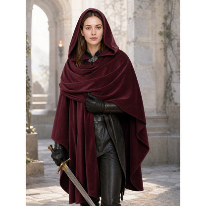 Burgundy Carnival Cloak with a Full Hood lifestyle view
