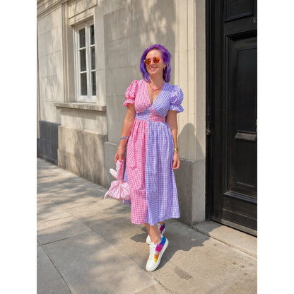 Midi Dress with a V-Neckline, Waist Emphasis, and Puff Sleeves Costume Dresses detail