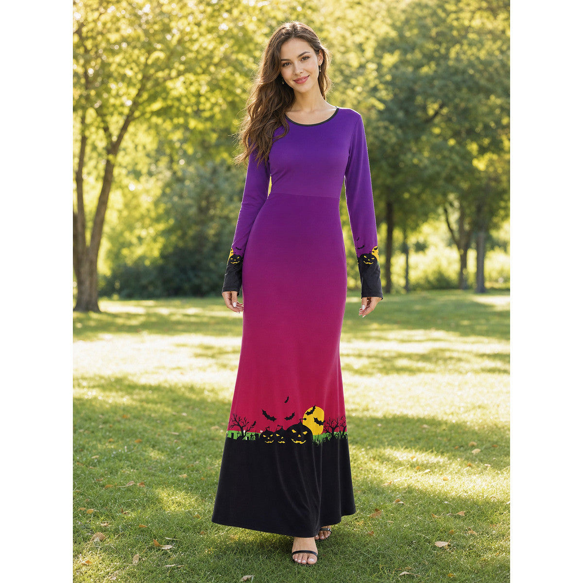 Halloween Maxi Dress with Pumpkin and Bat Print lifestyle view