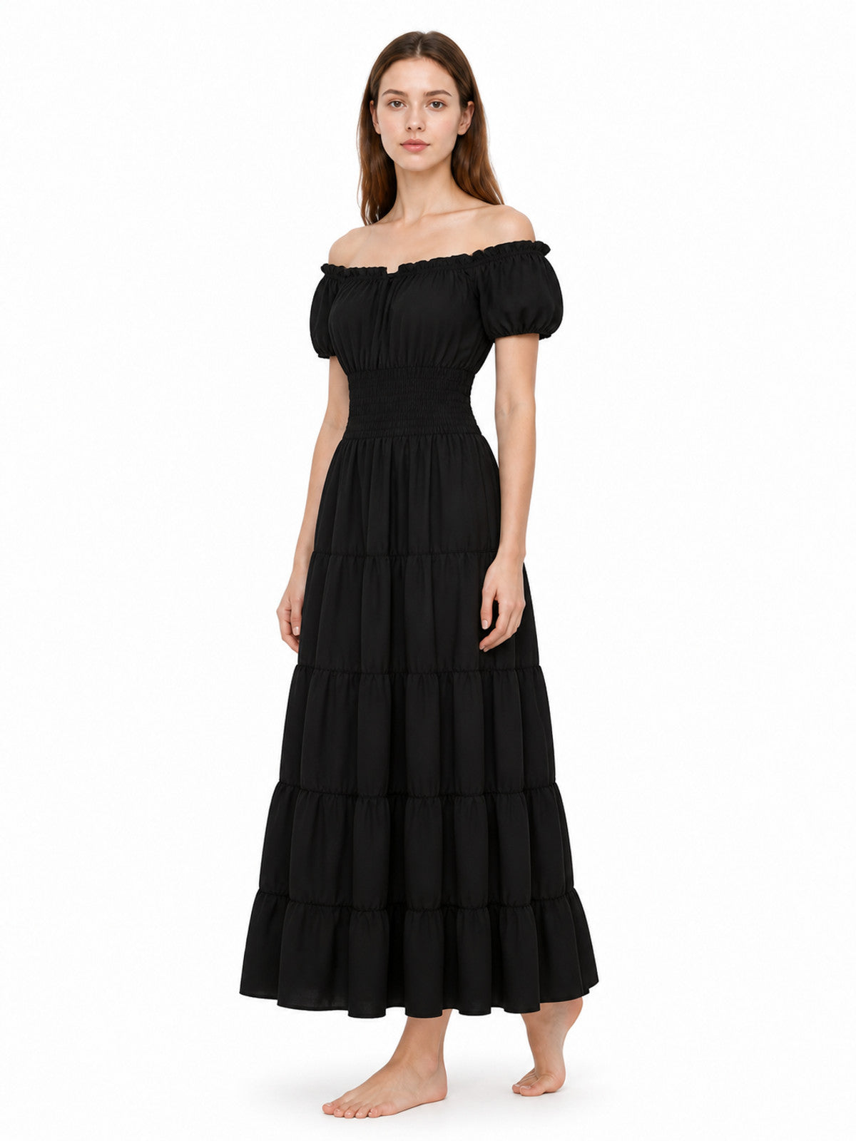 Black Off-the-Shoulder Dress with Tiered Skirt Costume Dresses detail