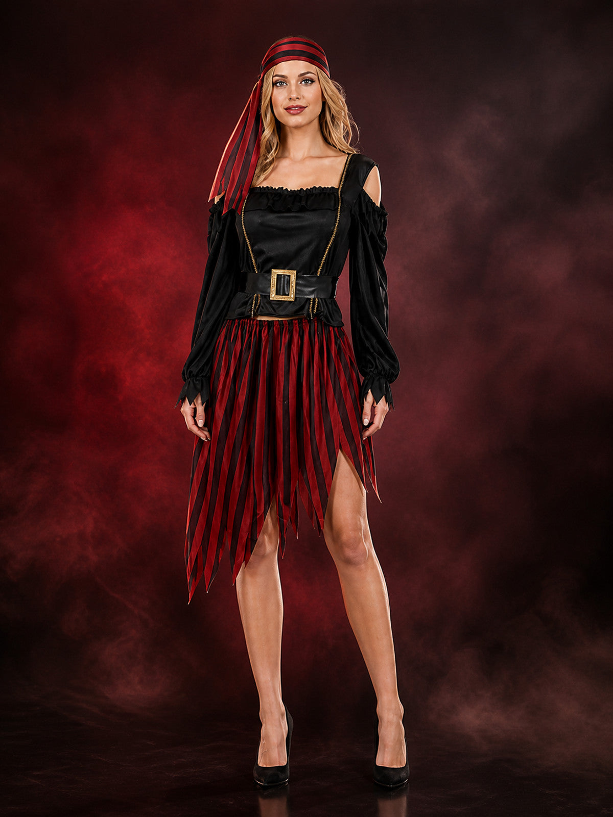 Adult Pirate Costume Set with Red and Black Striped Skirt and Off-Shoulder Top main product view