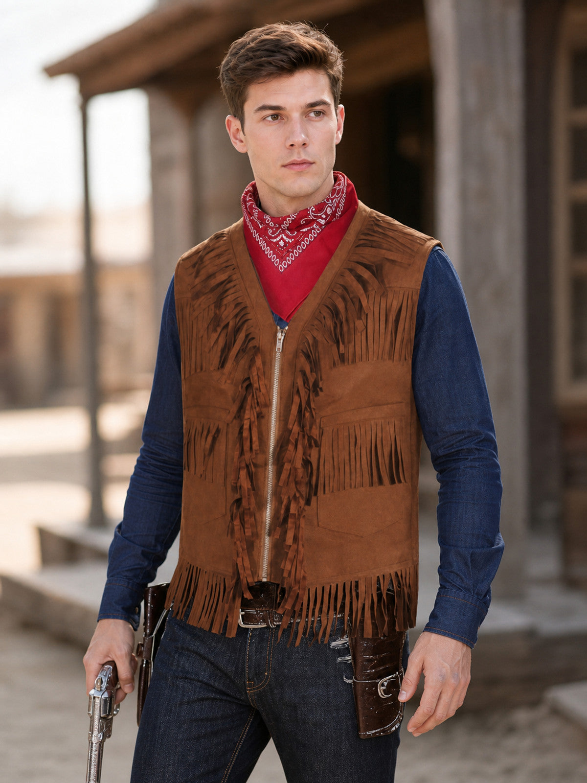 Styled outdoor view of a man wearing a brown fringed vest over a blue shirt with a red bandana and waist holster
