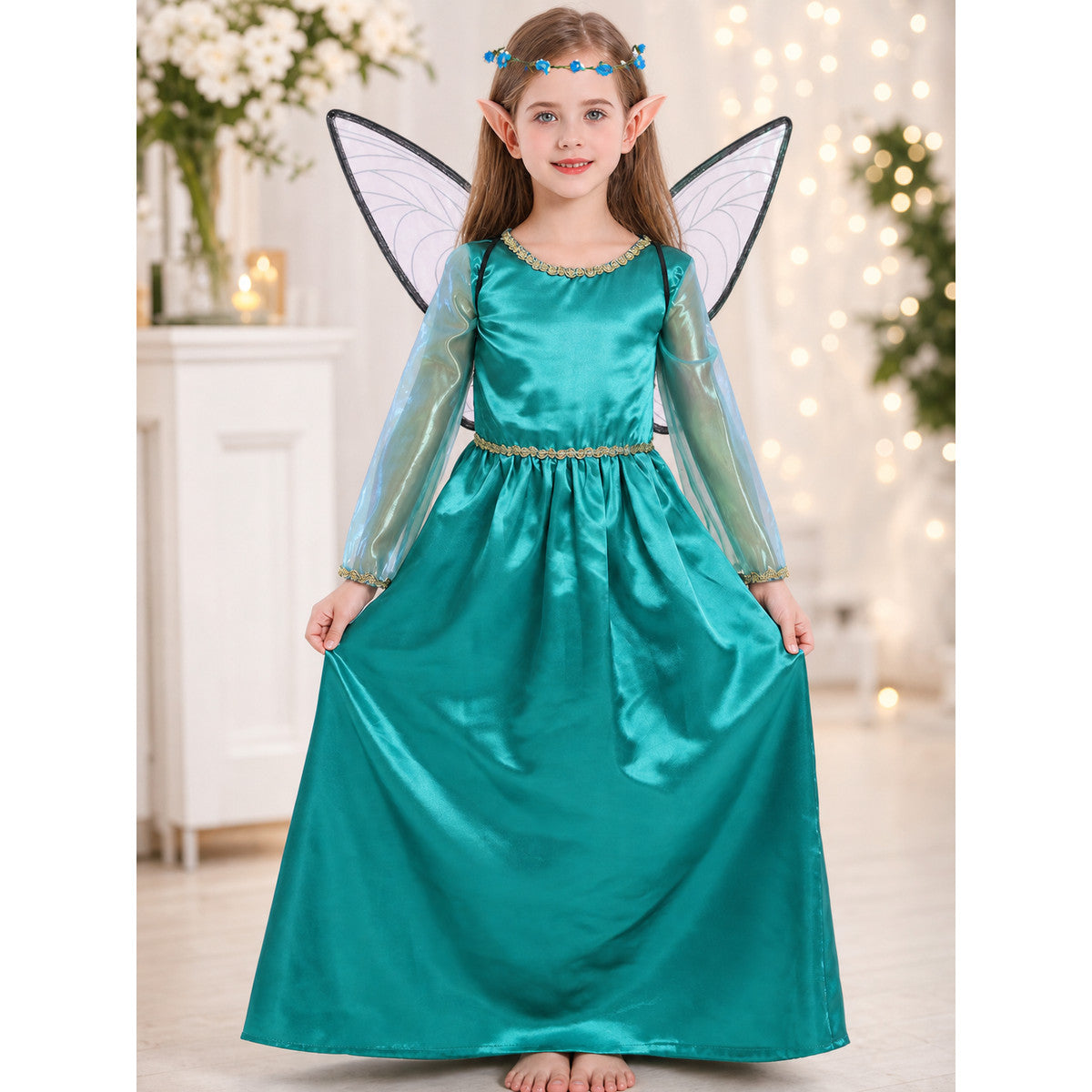 Green fairy-elf costume with wings and headband lifestyle view