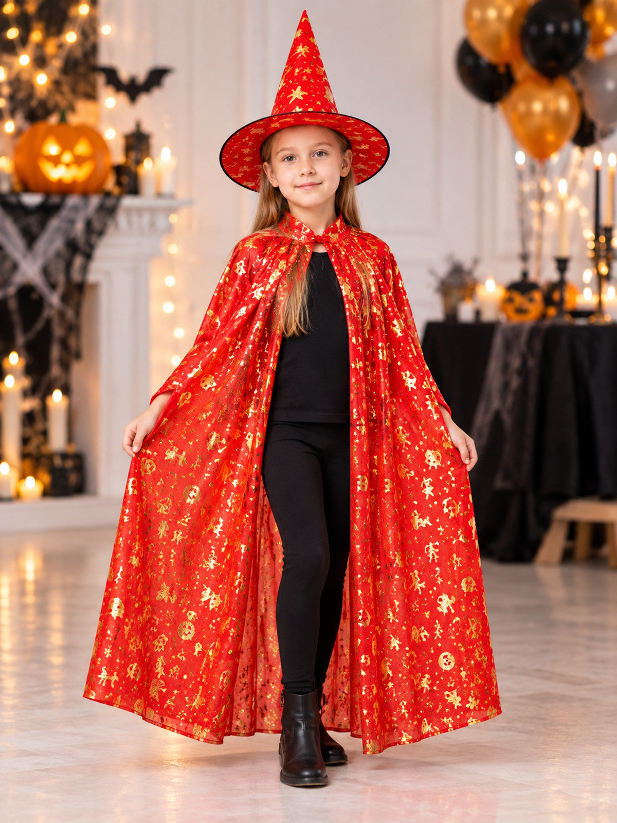 Carnival Costume: Red Cape and Hat with Print