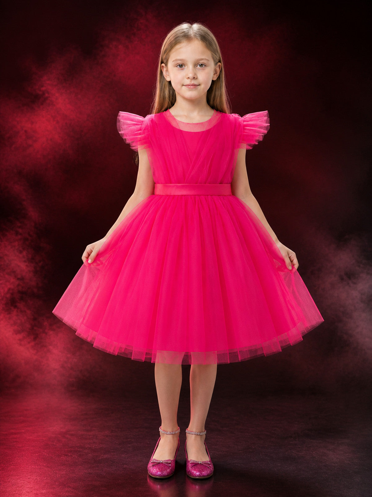 Baby Girls' Pink Princess Dress, Ruffled Sleeves and Layered Tulle Skirt main product view