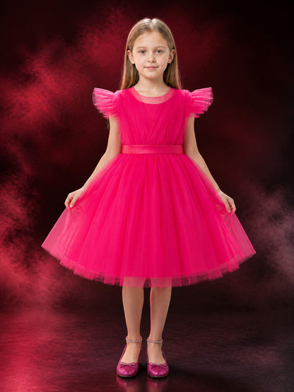 Baby Girls' Pink Princess Dress, Ruffled Sleeves and Layered Tulle Skirt main product view