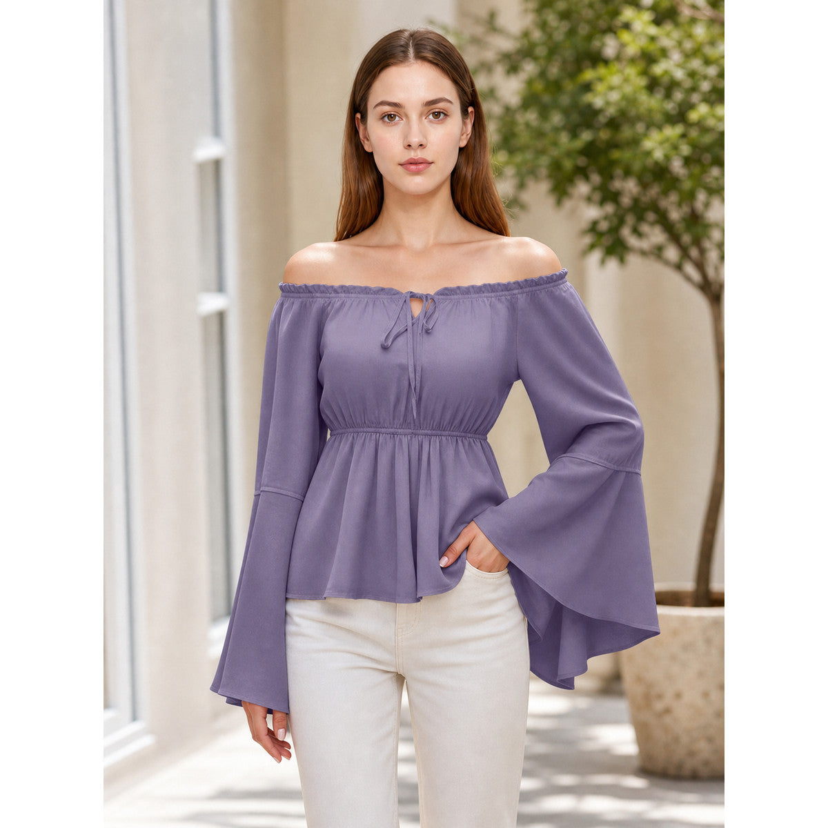 Off-the-Shoulder Blouse with Flared Sleeves lifestyle view