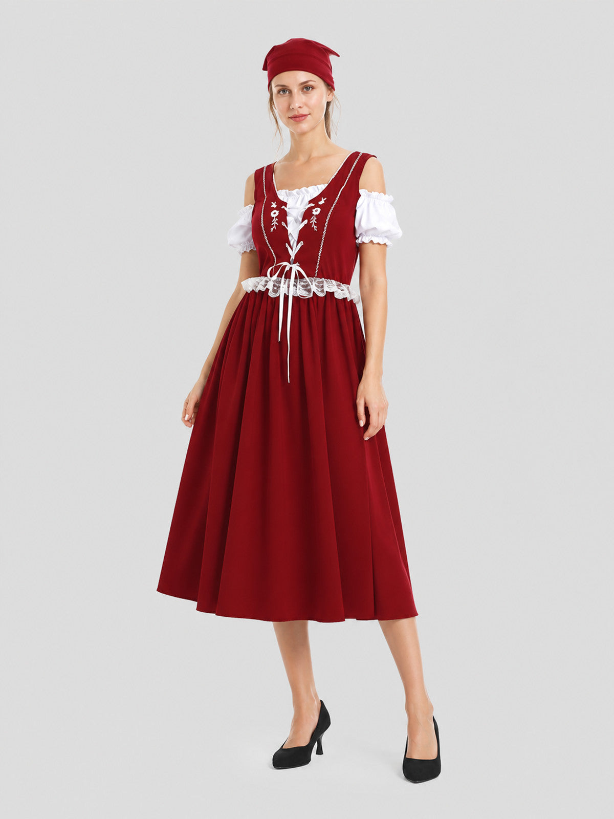 Burgundy Historical Role-Play Dress with Puff Sleeves Costume Dresses detail