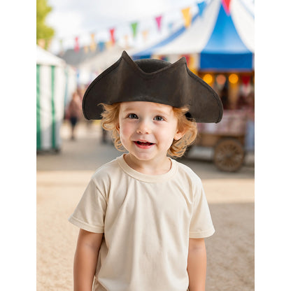 Dark brown tricorn pirate hat with a curved brim, shown on a smiling child in a carnival-themed outdoor scene