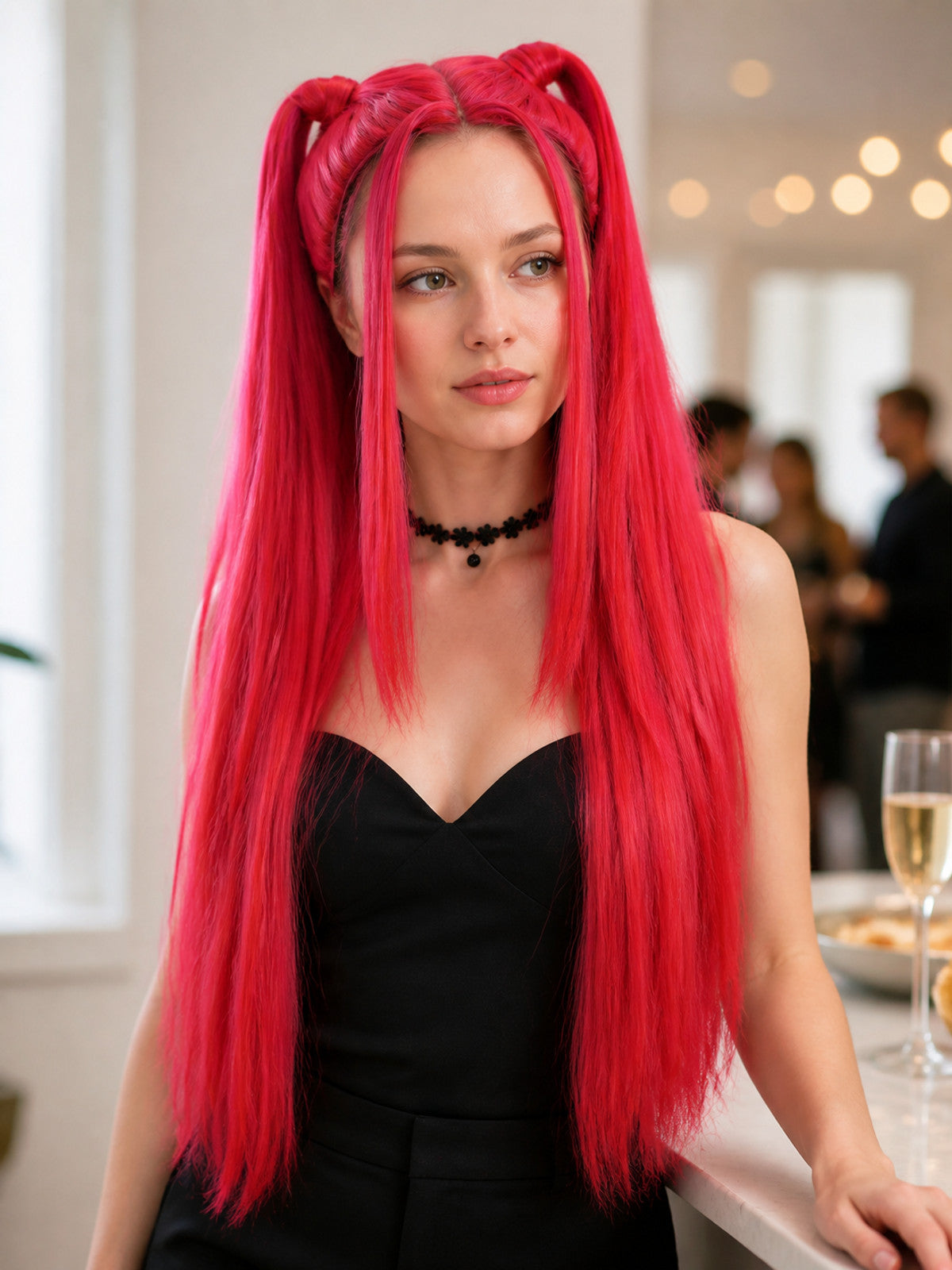 Pink-and-Red Curly Carnival Wig for Cosplay