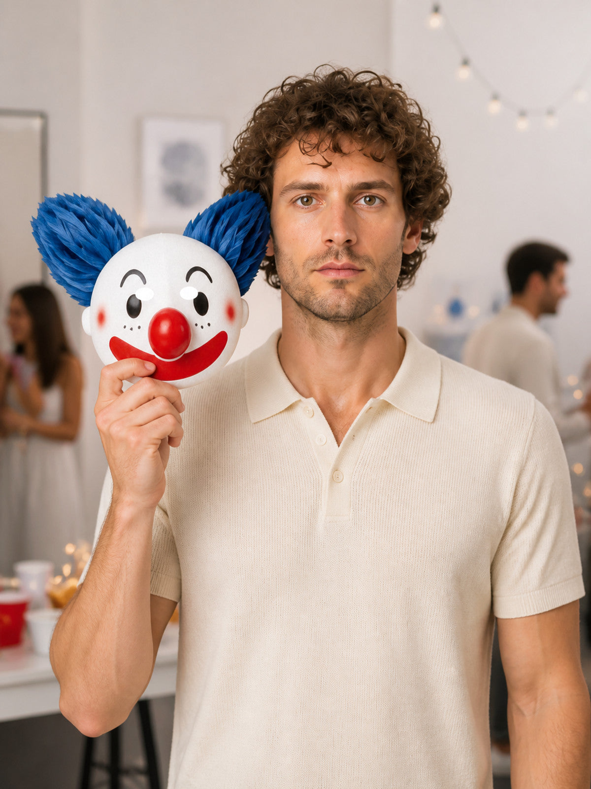 Carnival clown mask with a red nose and blue hair