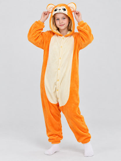 Orange Flannel Hooded Pajama Jumpsuit with Ears