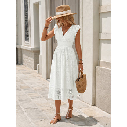 White Women's Midi Dress with a V-Neckline and Ruffles