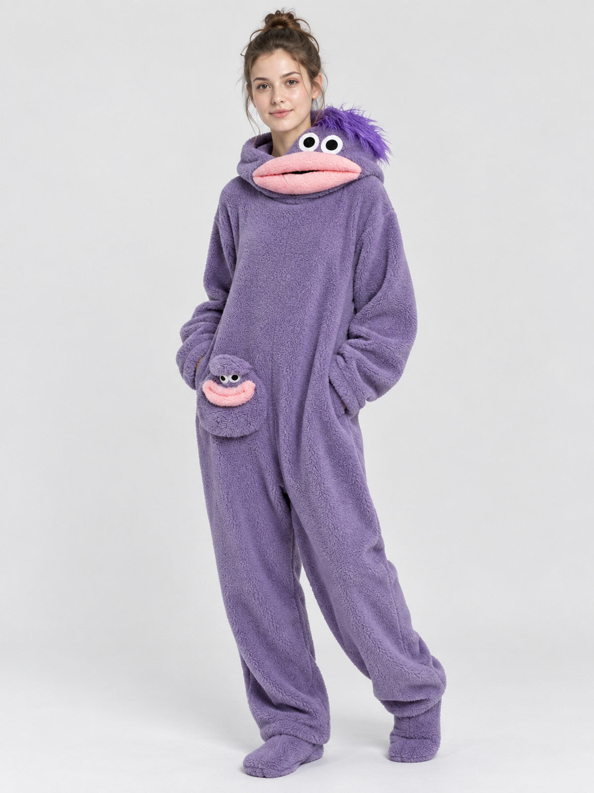 Purple Pajama Jumpsuit with Cartoon Hood