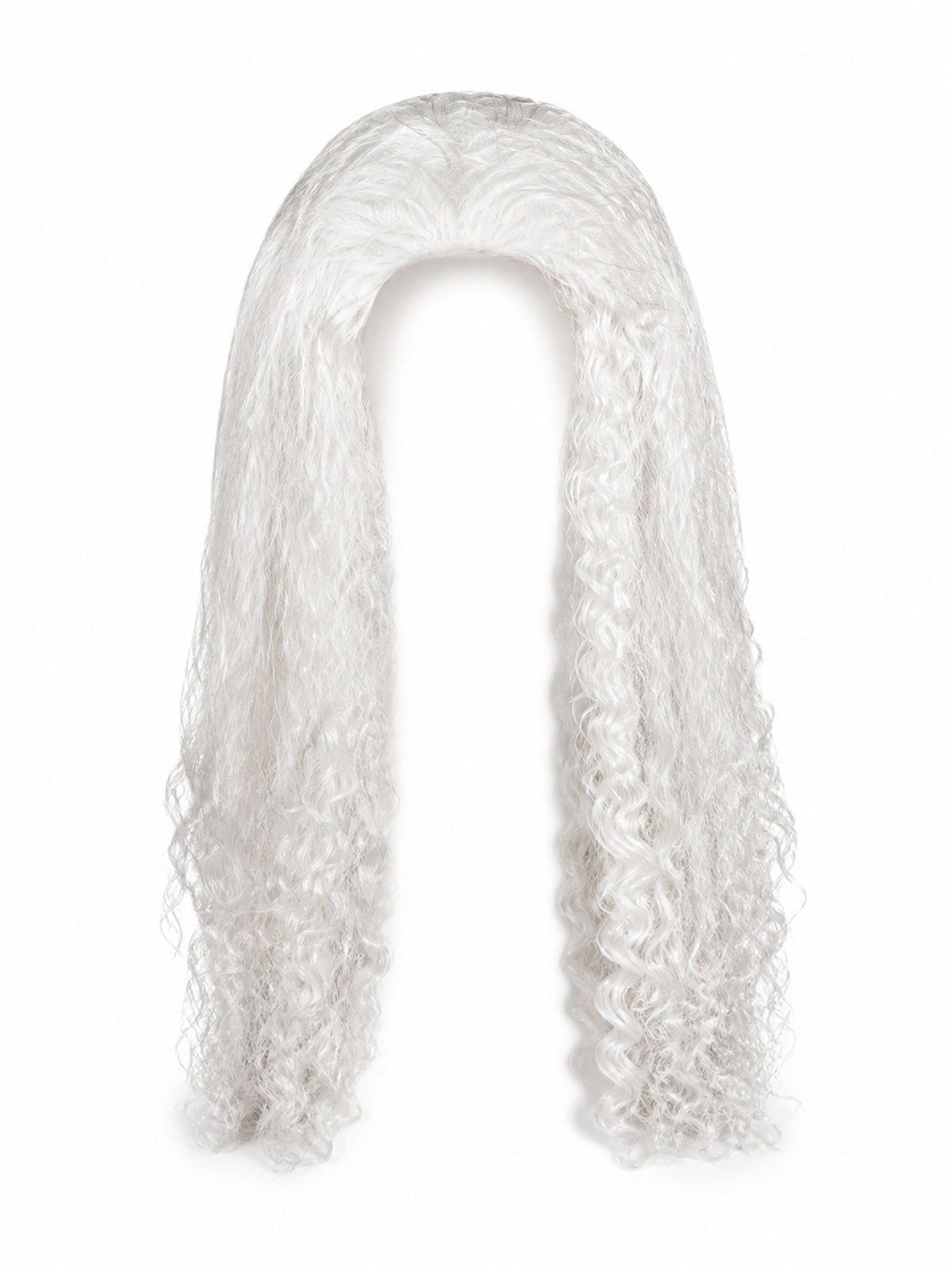 White long curly wig shown against a plain white background in a front view