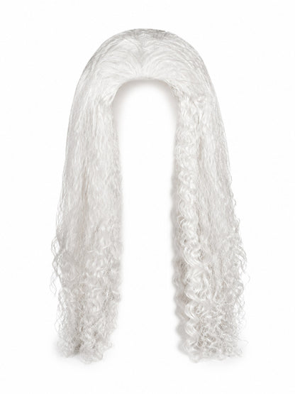 White long curly wig shown against a plain white background in a front view