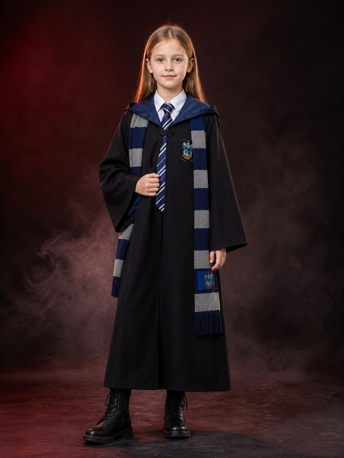Hooded Wizard Robe Costume Set With Tie and Scarf, Black Cloak main product view