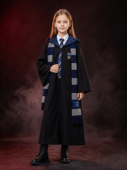 Hooded Wizard Robe Costume Set With Tie and Scarf, Black Cloak main product view