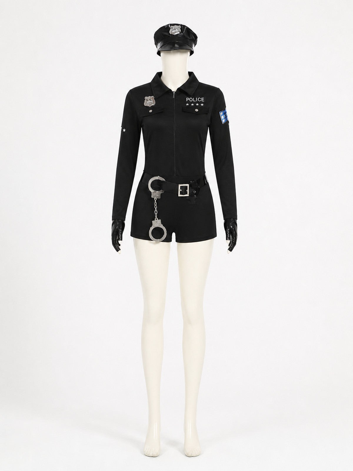 Women's Black Police Jumpsuit Costume Set with Hat, Belt, Gloves and Handcuffs main product view