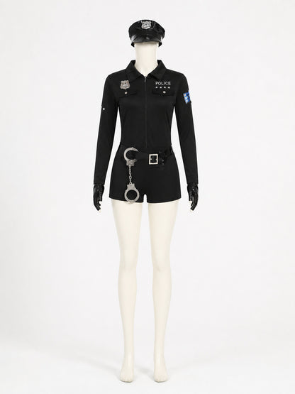 Women's Black Police Jumpsuit Costume Set with Hat, Belt, Gloves and Handcuffs main product view
