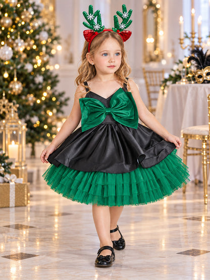 Kids' Party Dress with Bow and Mesh Skirt