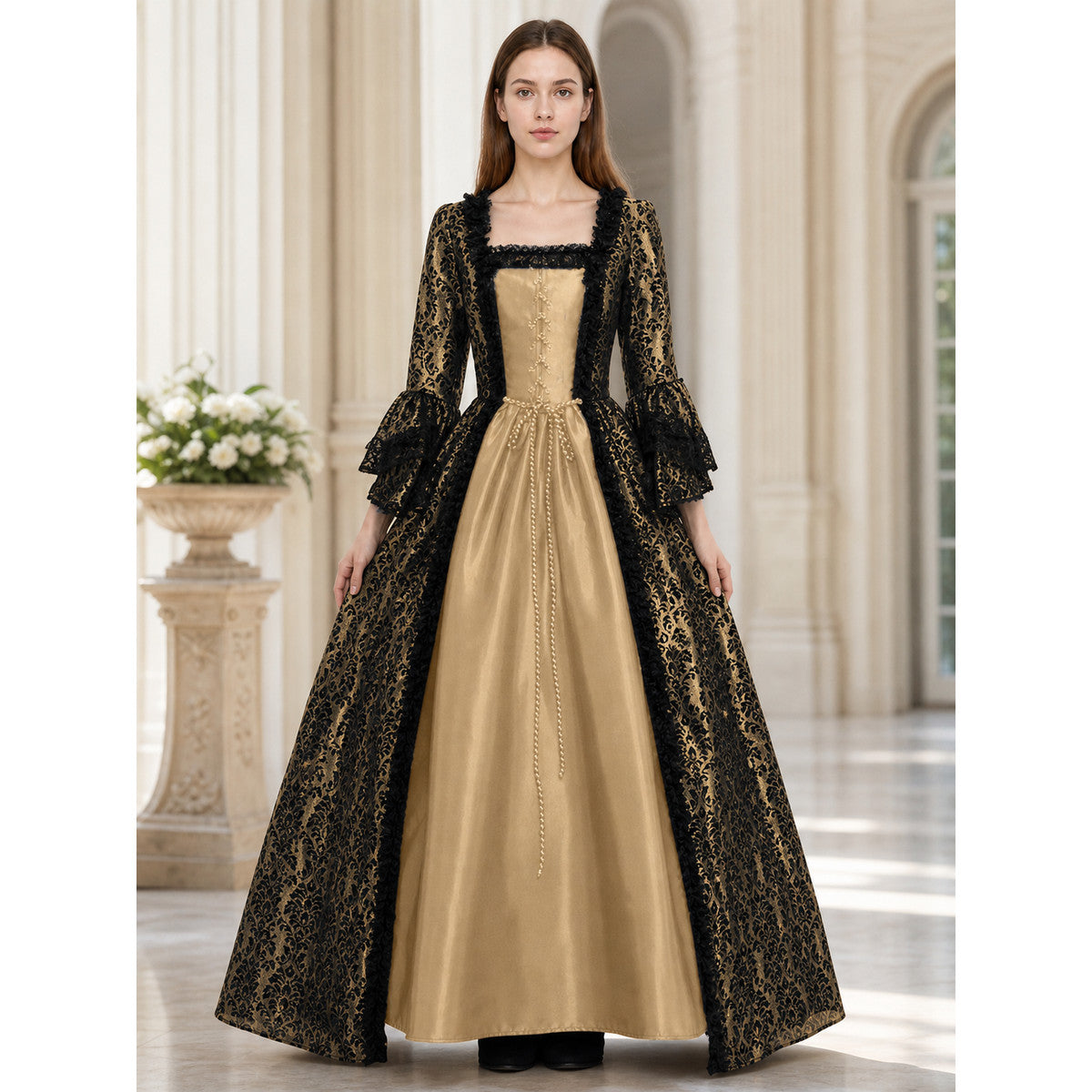The dress is designed in a historical style with theatrical and decorative lifestyle view